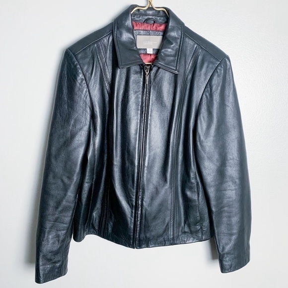 Vtg 90s Y2K Croft & Borrow lambskin leather fitted jacket black matrix - Picture 1 of 7